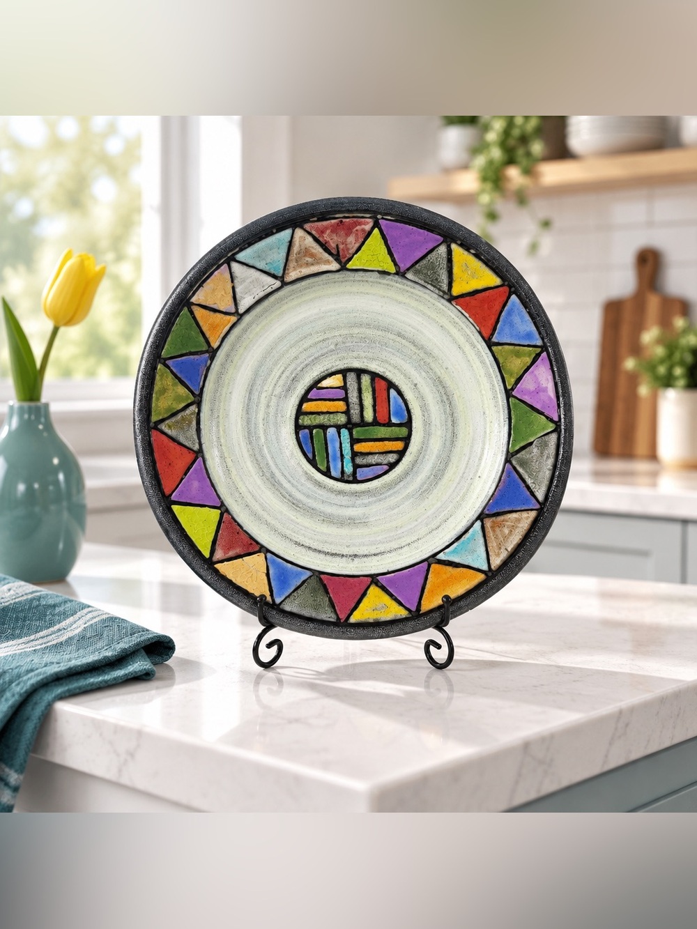 Handmade Multicolor Geometric Pattern Ceramic Decorative Round Plate Amy Cass